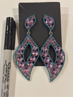 Crystal Teardrop Dangle Earrings - Purple and Teal